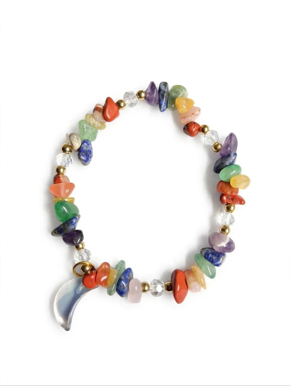 Multicolor Semi-Precious Chip Beaded Bracelet with Crescent Charm - Unbranded